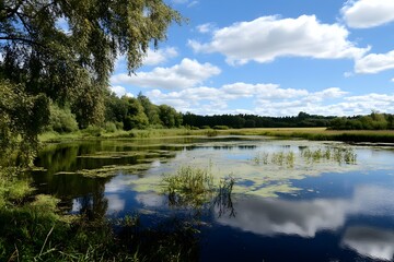 Tranquil lake reflects clouds, surrounded by trees under a blue sky