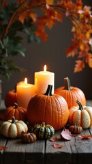Table is covered with pumpkins and candles, creating a warm and cozy atmosphere. The candles are lit, casting a soft glow on the pumpkins and leaves