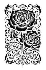 Black silhouettes of decorative fresh blossoming rose with steam and leaves. Hand drawn outline flower ornament. Engraving style Vector monochrome illustration isolated