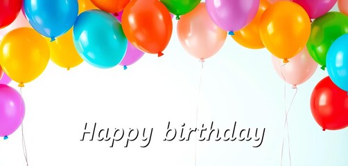 Vibrant colorful balloons floating against a bright background, happy birthday message subtly incorporated, festive background, graphic