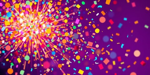 Vibrant confetti bursts across a rich purple backdrop, festive, purple backdrop