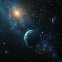 A breathtaking 2-giixel view of a vibrant exoplanet system with a bright star and nebulae swirling around it in a deep space scene showcasing constellations.