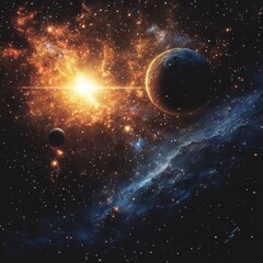 Obraz premium A breathtaking giixel view reveals a vibrant nebula illuminating a planetary system with a blazing star at its core, showcasing stunning cosmic detail and the awe-inspi