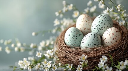 Fototapeta premium Easter eggs nestled in a bird's nest and willow branches with white flowers on a grey background. Perfect for holiday greetings and seasonal promotions. 