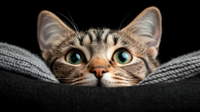 Closeup Portrait of a Tabby Cat with Wide Green Eyes Peeking from a Grey Blanket Against a Black Background