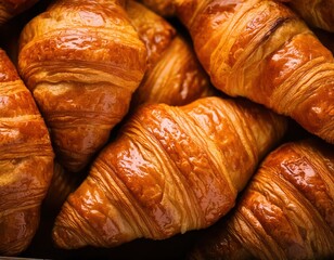 a close-up shot of several fresh, golden croissants arranged together, tempting and delicious