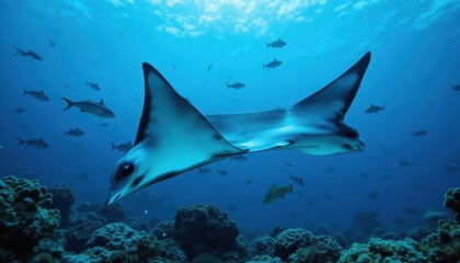 Fototapeta premium Flock of manta ray swimming among fish and corals in ocean, created with.