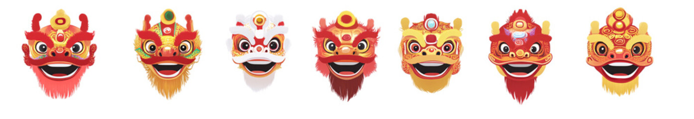 dragon face mask set, cartoon-style vector illustration on a transparent background