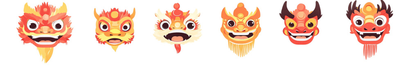 dragon face mask set, cartoon-style vector illustration on a transparent background