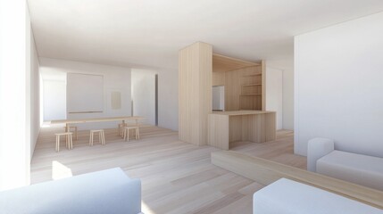 Minimalist apartment, light wood, white walls, simple furniture.