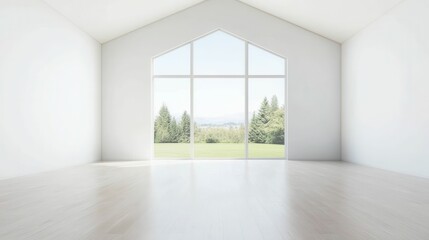 Obraz premium Empty white room, large window, scenic view.