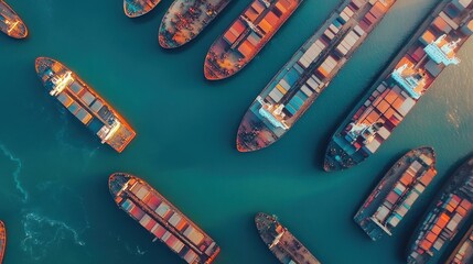 Aerial view of container ships navigating a busy waterway network for global trade