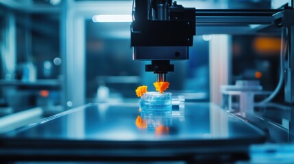 A futuristic AI powered 3D printer, creating complex objects with real-time adjustments based on material properties and environmental conditions, lab setting