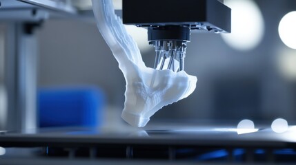 A futuristic AI powered 3D printer, creating customized prosthetics with real-time material adjustments and precision, lab setting