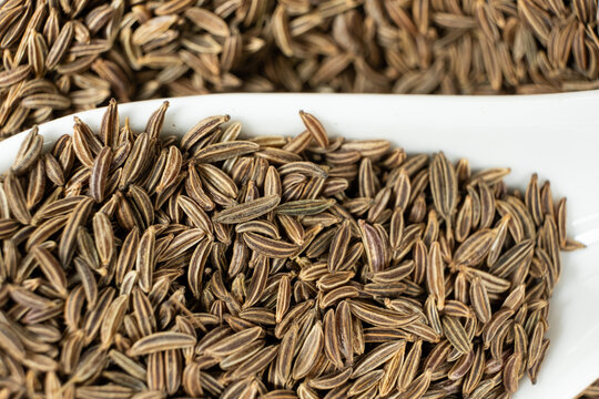 Whole cumin seeds Carum carvi L. in a spoon close-up