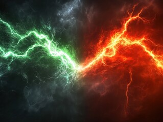 Dynamic electric energy clash green and red lightning bolts striking in a dramatic dark sky power abstract