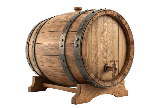 recommend clip art: Rustic wooden barrel with metal hoops and brass tap.