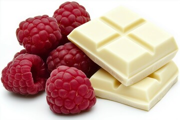 Close-up of white chocolate and fresh raspberries on a white background. Ideal for use in food marketing, dessert branding and gourmet product packaging.