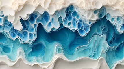 Abstract artwork showing layered blue and white ocean foam design