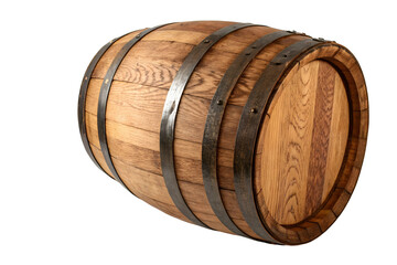Rustic wooden barrel with metal hoops and brass tap.