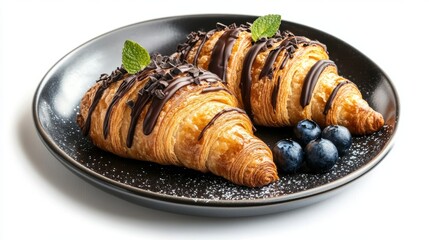 Delicious freshly baked croissant with chocolate topping and blueberry on serving plate isolated on white background top view use