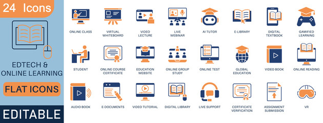 EdTech and online learning flat icon set, featuring AI tutors, virtual classrooms, gamified learning, webinars, VR, digital textbooks, and study tools. Fully editable vectors.