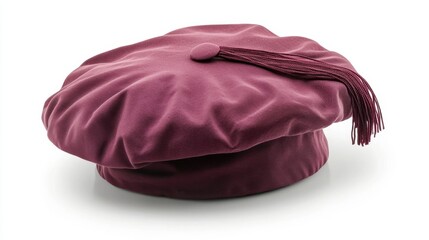 Elegant maroon velvet doctoral bonnet with tassel on white background symbolizing academic achievement and scholarly distinction in higher education