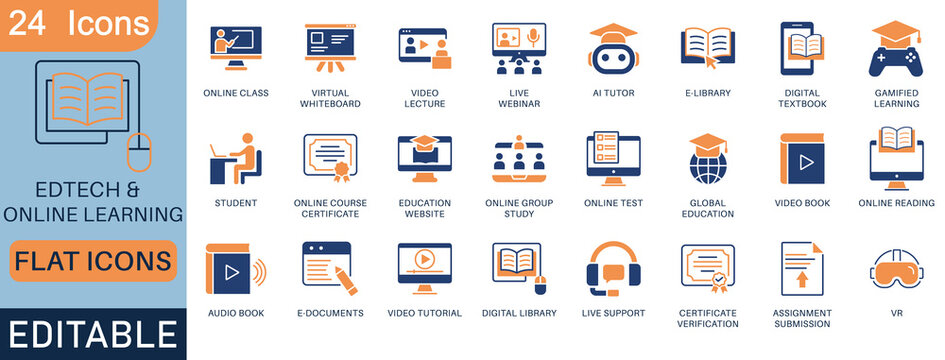 EdTech and online learning flat icon set, featuring AI tutors, virtual classrooms, gamified learning, webinars, VR, digital textbooks, and study tools. Fully editable vectors.