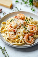 Delicious Italian Pasta Fettuccine with Shrimp in Creamy Sauce and Parmesan Cheese on White Marble Table