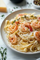 Delicious Italian Pasta Fettuccine with Shrimp in Creamy Sauce with Parmesan Cheese and Thyme on White Marble Table