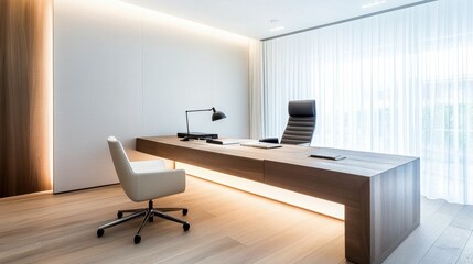Modern office, wood desk, chair, bright lighting.