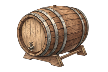 Rustic wooden barrel with metal hoops and brass tap.