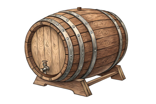 recommend clip art: Rustic wooden barrel with metal hoops and brass tap.