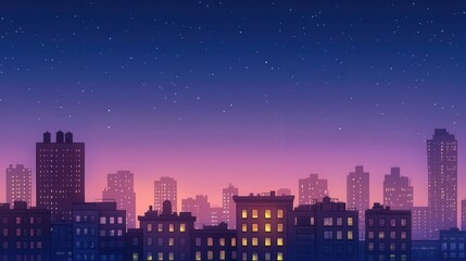 Fototapeta premium Night city skyline, illuminated buildings, starry sky.