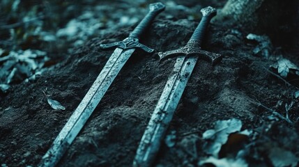 Two rusty swords on forest ground; nature background.  Possible use fantasy, historical fiction