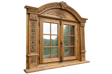 Traditional style window with decorative wood trim.