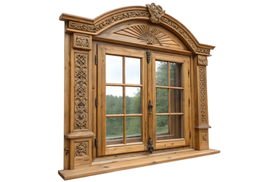 Traditional style window with decorative wood trim.