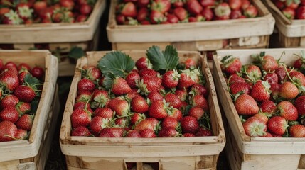 Freshly harvested strawberries in wooden baskets on a sunny farm showcasing vibrant red fruits and lush green leaves