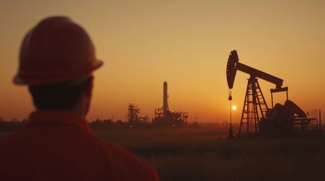 image depicts worker orange uniform and hard hat observing oil rig sunset, with industrial facility background. scene conveys sense of industry and energy production.A worker orange uniform