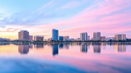 Obraz premium City skyline reflected in calm, pastel sunset water.