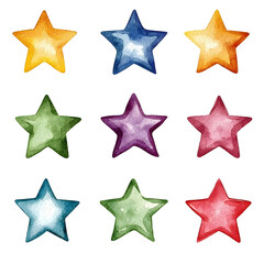 Obraz premium Vibrant Watercolor Stars in Variety of Colorful Hues on Isolated White Background