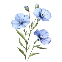 Botanical Illustration of Blue Flax Flowers on white background