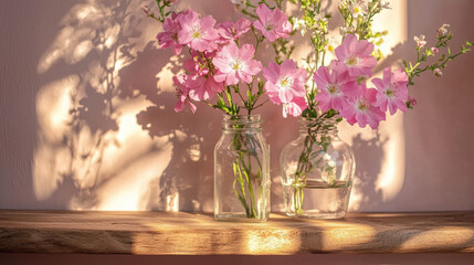 Pink flowers in glass jars on wooden shelf with soft sunlight and shadows