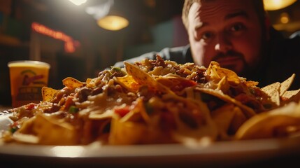 Close Up of Indulgent Nachos Loaded with Cheese and Toppings at a Casual Dining Restaurant