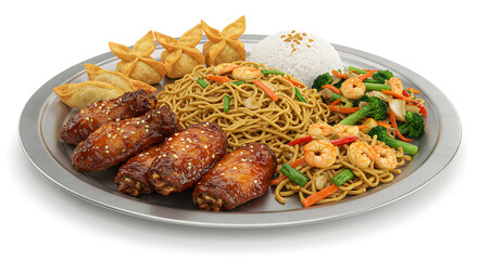 Fototapeta premium Asian Platter with Chicken Wings, Noodles, Shrimp, and Dumplings