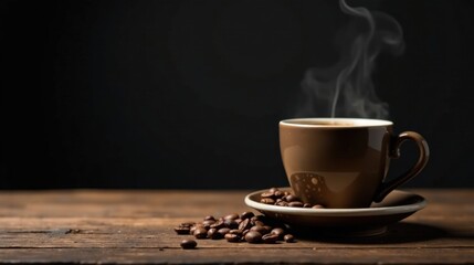 Aromatic coffee in a brown mug, steam rising, rests on a rustic wooden surface with scattered coffee beans nearby.