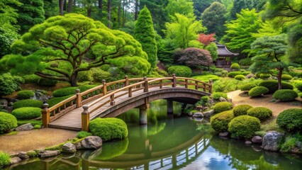 Fototapeta premium Serene Japanese garden with a traditional wooden bridge and lush greenery amidst tall trees , garden, japanese, garden