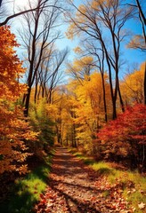 Obraz premium Autumnal forest panorama, vibrant foliage, sunlit path, golden leaves, image, november