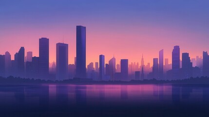 Obraz premium City skyline reflected in calm water, sunset hues.