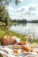 Idyllic picnic scene by a tranquil lake, basket of bread, fruit and flowers on a checkered blanket.